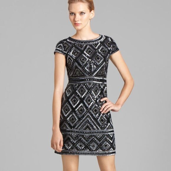 Adrianna Papell Beaded Mesh Sheath Dress Black Silver Sequin Art Deco Mod Mini - Picture 1 of 15